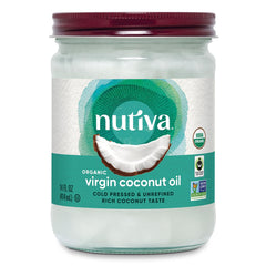 Nutiva coconut oil in a glass jar ready for everyday cooking and baking.