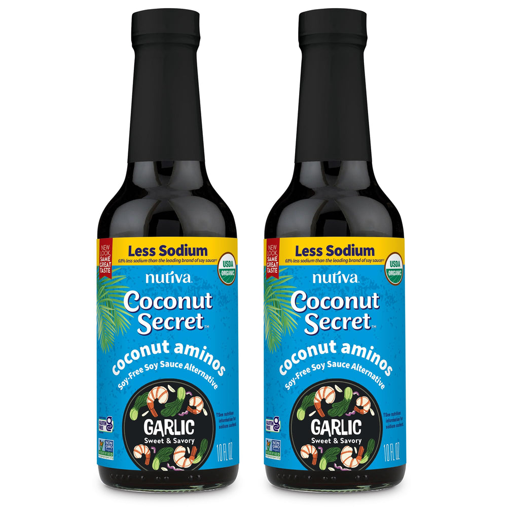 Nutiva Coconut Secret Aminos Garlic Sauce bottle ready for stir-fry and marinades.