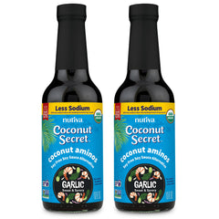 Nutiva Coconut Secret Aminos Garlic Sauce bottle ready for stir-fry and marinades.