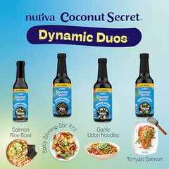 Packaged four-bottle Nutiva Coconut Secret Aminos on a kitchen shelf