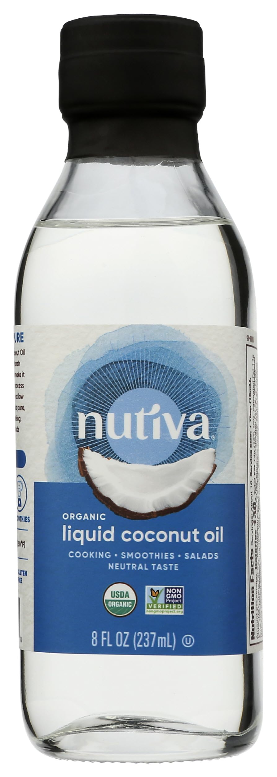 Nutiva liquid coconut oil bottle ready for versatile cooking and skincare.
