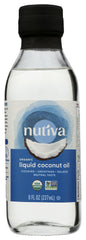 Nutiva liquid coconut oil bottle ready for versatile cooking and skincare.