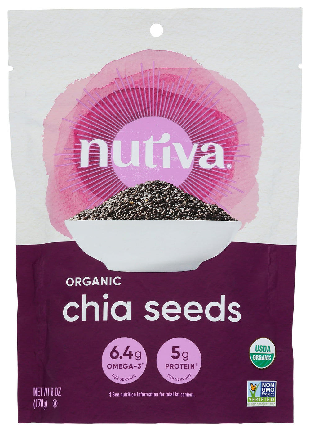 Nutiva Organic Black Chia Seeds in a resealable bag for easy storage and daily use.