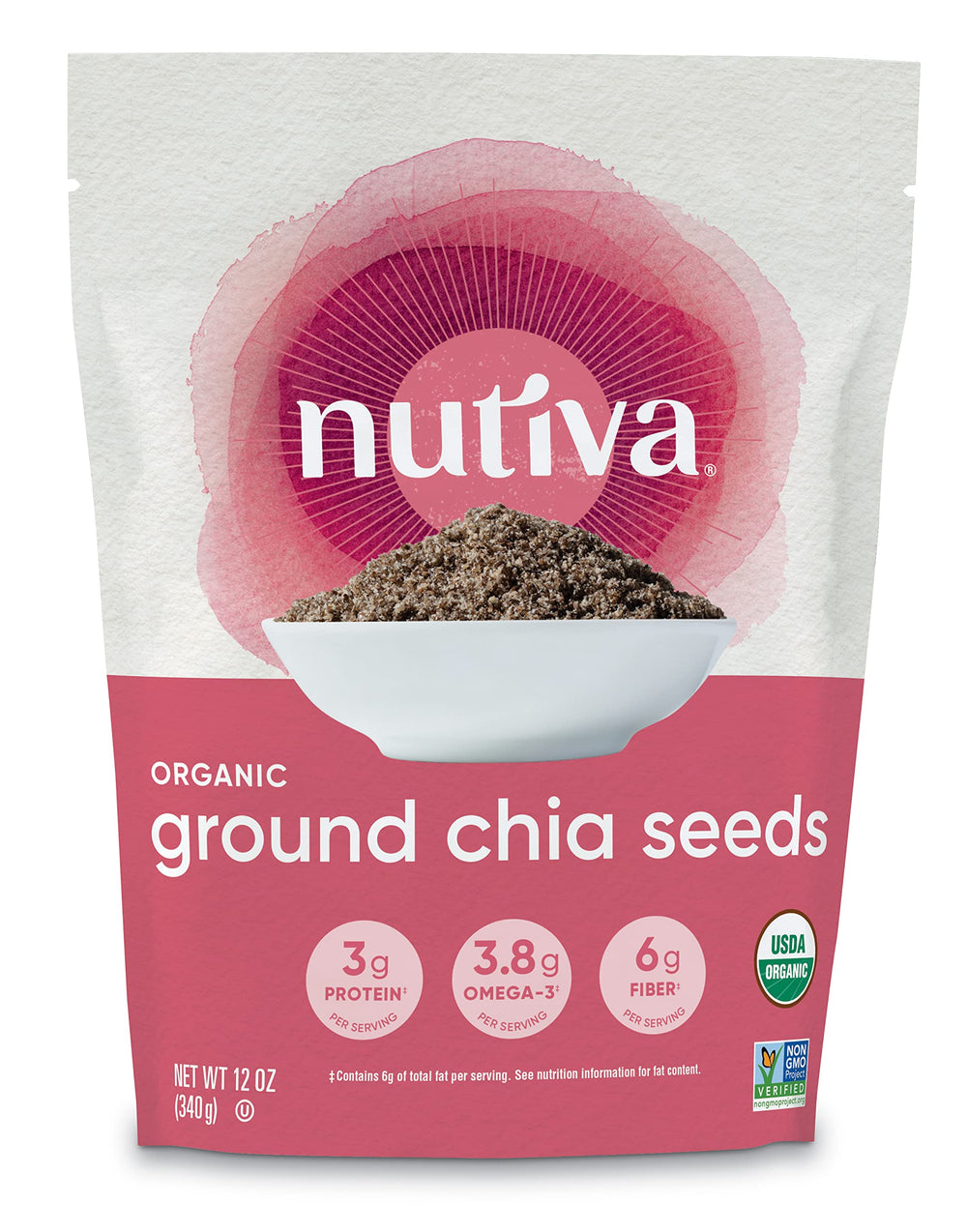 Nutiva Organic Premium Chia Seeds front packaging shows quality and suitability for daily use.