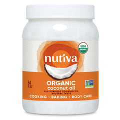 Nutiva steam refined coconut oil bottle ready for high-heat cooking with neutral flavor.