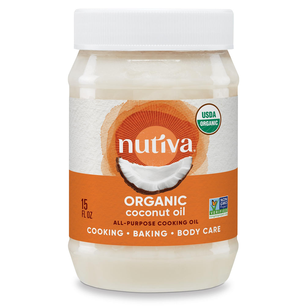 Nutiva steam-refined coconut oil bottle for versatile cooking.