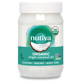 Nutiva Virgin Coconut Oil bottle on counter ready for versatile cooking.