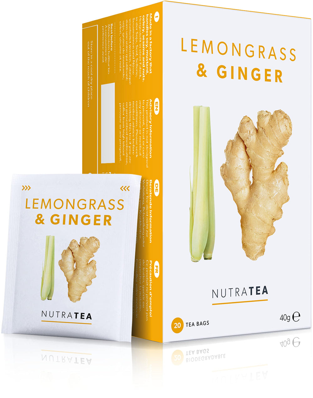 Nutra Tea lemongrass-ginger tea bag closeup, pure ingredients for a bright brew