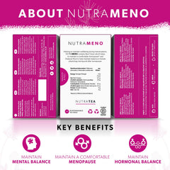 NutraMeno dry tea blend with spoon highlighting all-natural herbs for balanced evenings