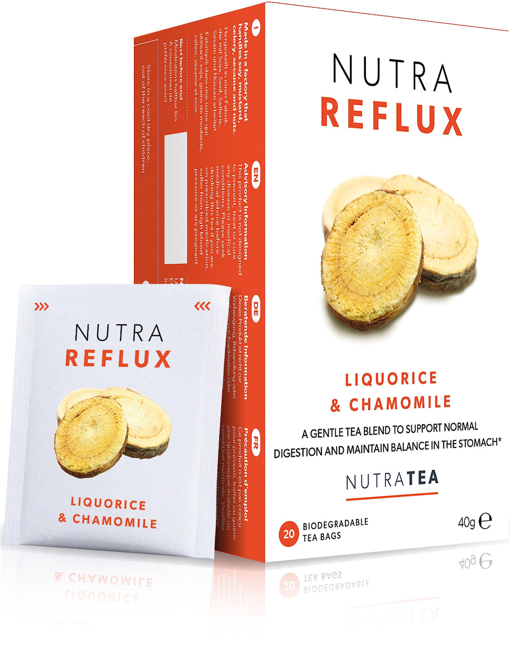 Nutra Tea NutraFlux tea bags ready for comforting heartburn relief