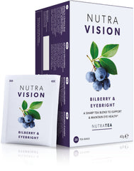 Nutra Tea Nutravision tea bags close-up showing the eye health blend for daily support.