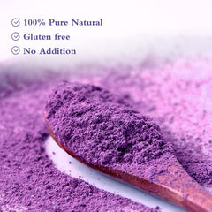 NutraBloom ube powder scoop adds vibrant color and easy blending for smoothies.
