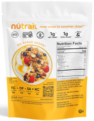 NuTrail Honey Nut granola being poured from a bag for easy on-the-go snacking.