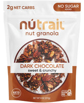 NuTrail Nut Granola Dark Chocolate packaging shows gluten-free, keto-friendly branding.