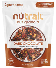 NuTrail Nut Granola Dark Chocolate packaging shows gluten-free, keto-friendly branding.