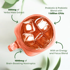Nutratology Yerba Mate Instant Tea Peach Pomelo ingredients close-up showcases fiber and probiotics.