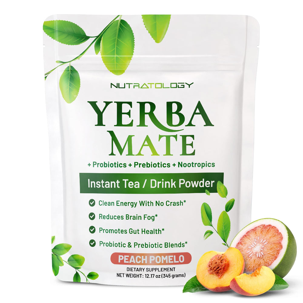 Nutratology Yerba Mate Instant Tea Powder peach pomelo pack shot for an energy boost.