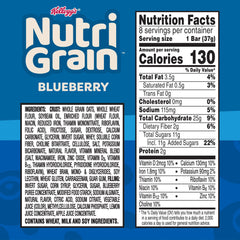 Nutri-Grain Soft Baked Blueberry Bars pack back highlights nutrition and freshness.