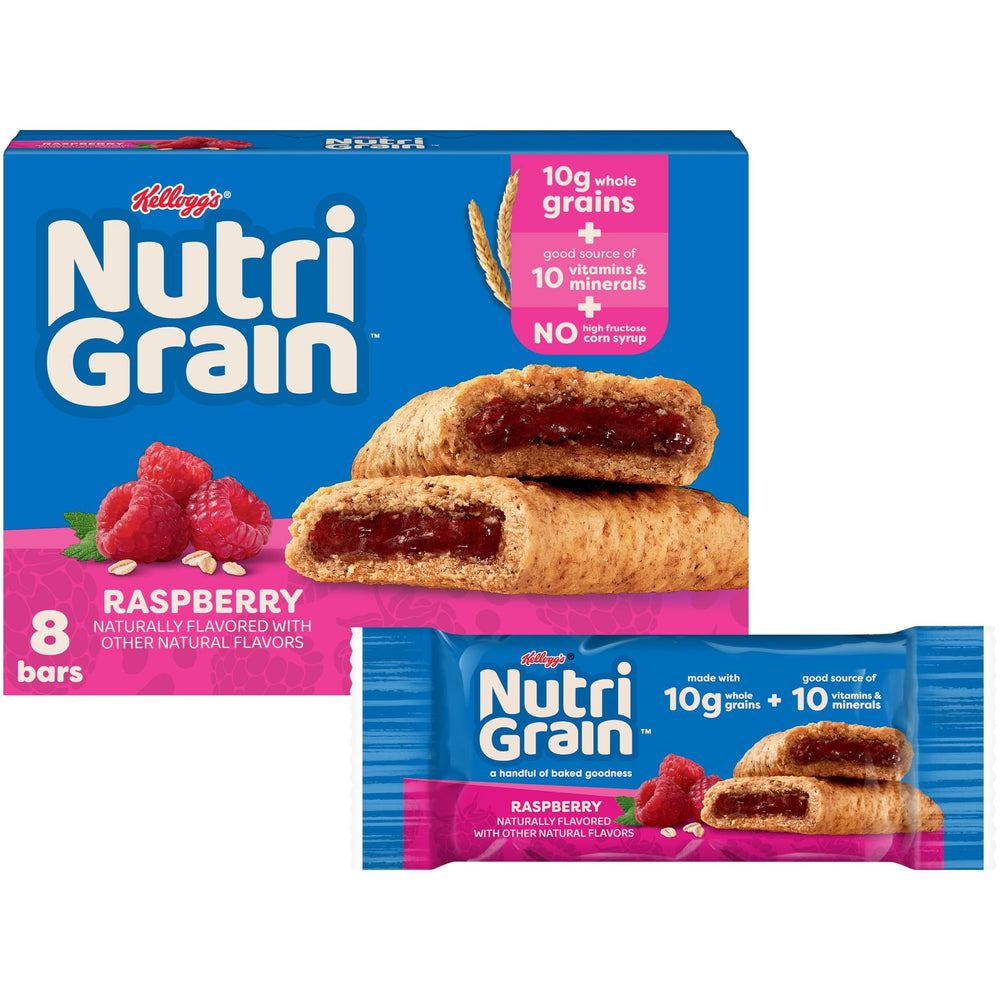 Nutri-Grain Soft Baked Raspberry Bars packaging box for quick breakfast on the go.