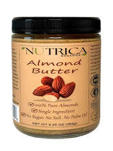 Nutrica Organics almond butter jar seen from the side, showcasing pure ingredients