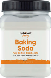 Nutricost baking soda bottle shows 2 lbs for versatile pantry use.