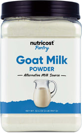 Nutricost Goat Milk Powder 2 lb container with scoop for quick, creamy drinks.