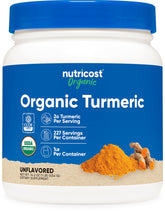 Nutricost Organic Turmeric Powder bottle on the counter, perfect for curries and sauces.