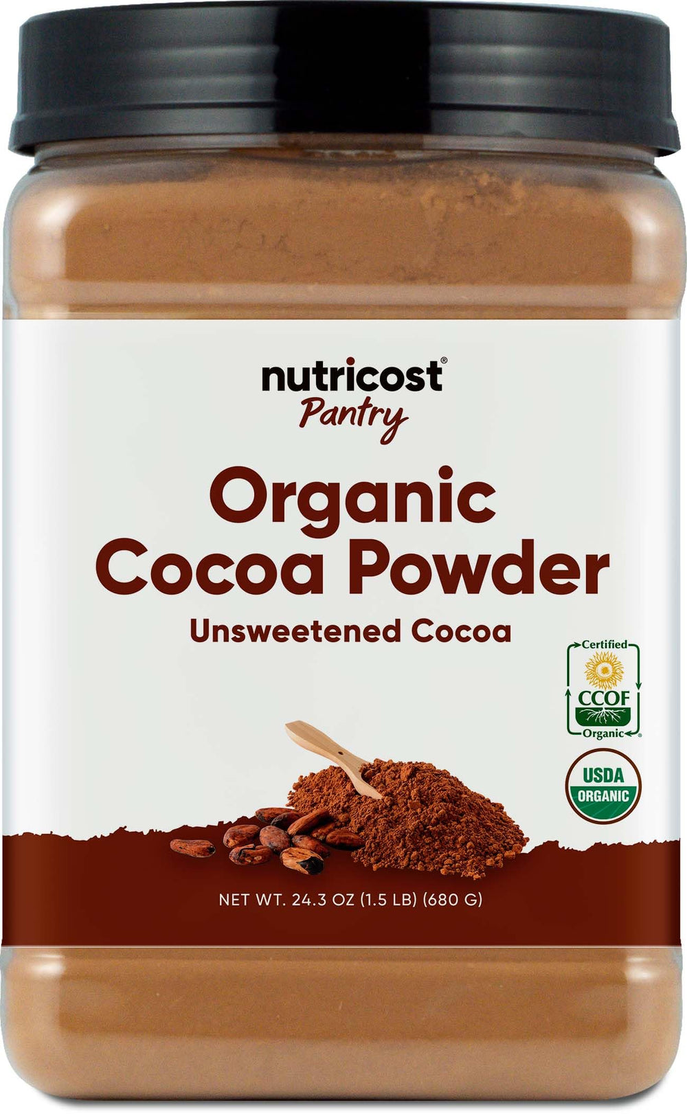 Nutricost organic cocoa powder bottle shows pure unsweetened cocoa ideal for baking and beverages.