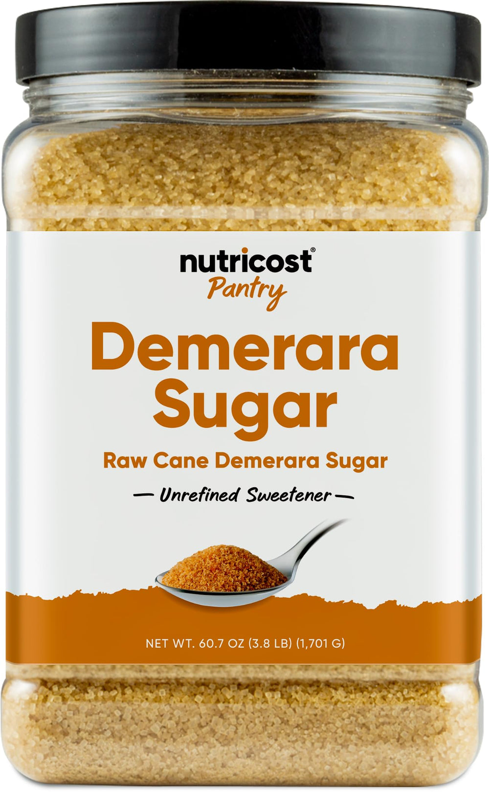 Nutricost Pantry Unrefined Demerara Sugar bottle with golden crystals for baking.