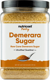 Nutricost Pantry Unrefined Demerara Sugar bottle with golden crystals for baking.