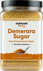 Nutricost Pantry Unrefined Demerara Sugar bottle with golden crystals for baking.