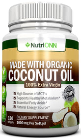 NutriONN Organic Coconut Oil Capsules bottle with 180 softgels for daily hair and skin care.