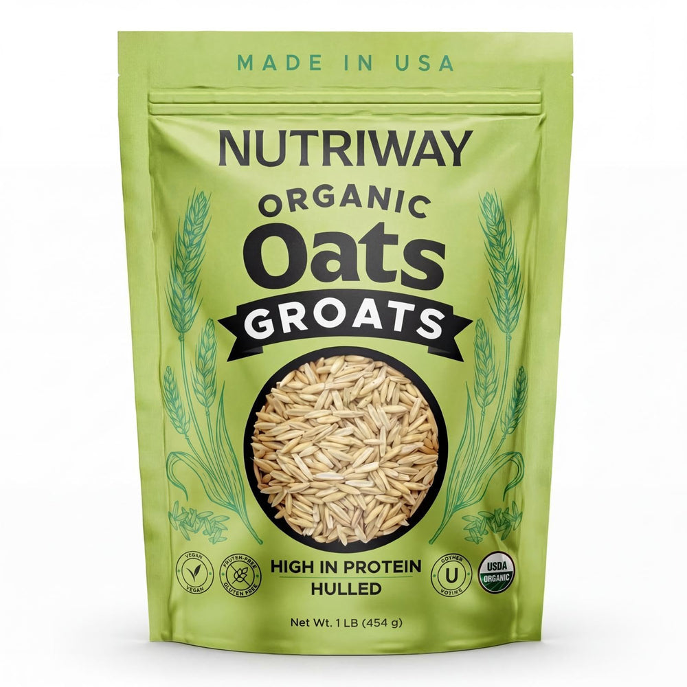 NUTRIWAY Organic Oat Groats front-pack; high-protein vegan staple for breakfast and meal prep