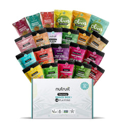 Nutruit Gourmet Snacks Mega Variety Box cover showcases premium vegan bites for healthy snacking.