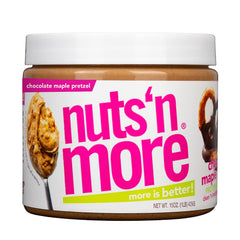 Nuts N More chocolate maple pretzel peanut butter spread jar, high-protein snack option.