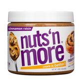 Nuts 'N More Cinnamon Raisin Almond Butter jar showing protein-rich spread