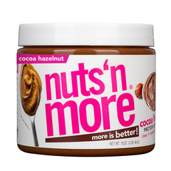 Nuts 'N More Cocoa Hazelnut Butter Spread jar highlights a protein-packed indulgent snack.