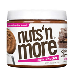 Nuts 'N More Dark Chocolate Almond Butter Spread jar close-up showing protein-rich flavor