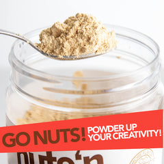 Nuts N More Salted Caramel Butter Powder packaging highlighting gluten-free, non-GMO ingredients.