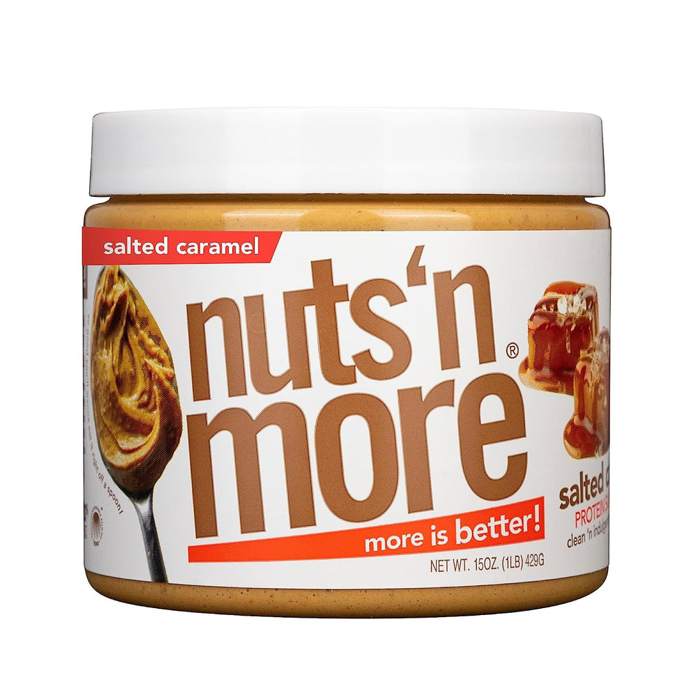 Nuts N More salted caramel peanut butter jar showing rich flavor and protein boost.