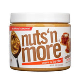 Nuts N More salted caramel peanut butter jar showing rich flavor and protein boost.