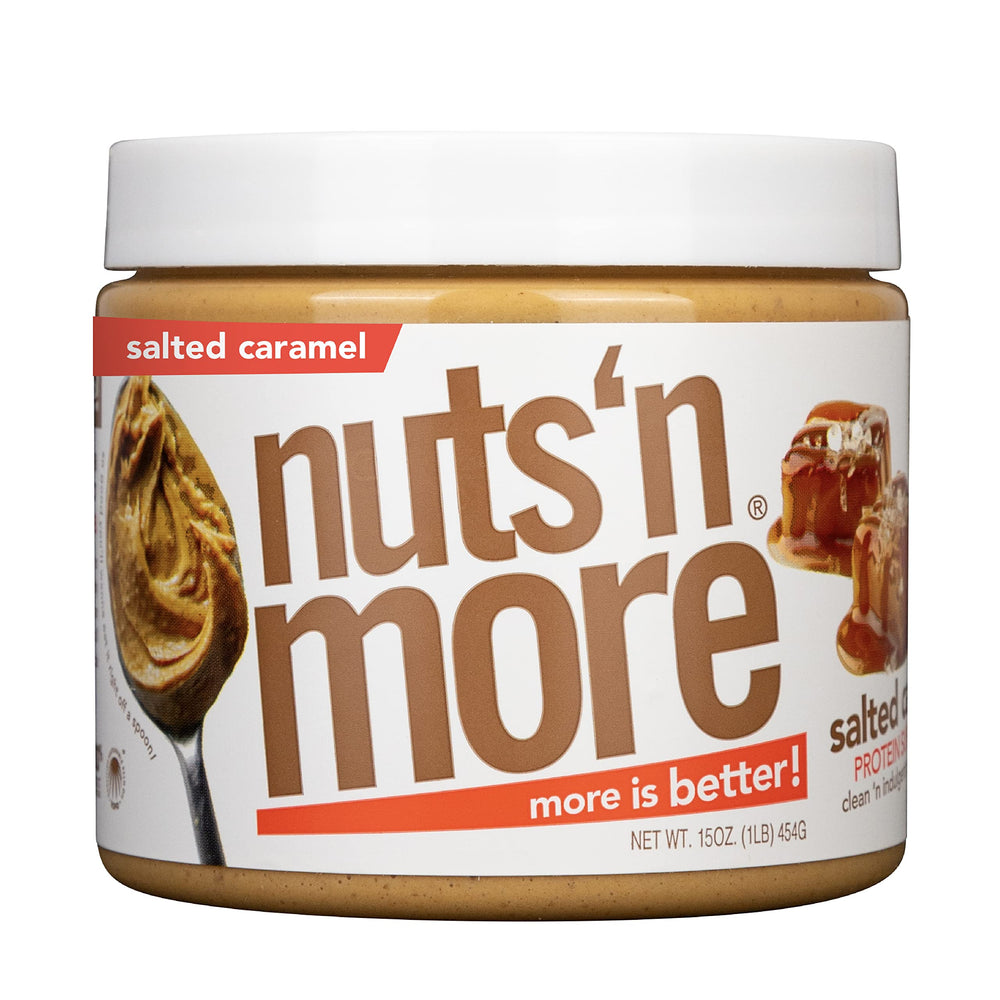 Nuts 'N More salted caramel peanut butter spread jar, high protein per serving.