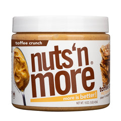 Nuts N More Toffee Crunch Peanut Butter Spread jar with toffee bits, high-protein snack