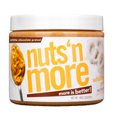Nuts 'N More White Chocolate Pretzel Peanut Butter Spread jar offers a high-protein snack option.