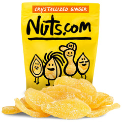 Nuts.com crystallized ginger pieces closeup texture showing chewy, sweet-spicy bite for snacking