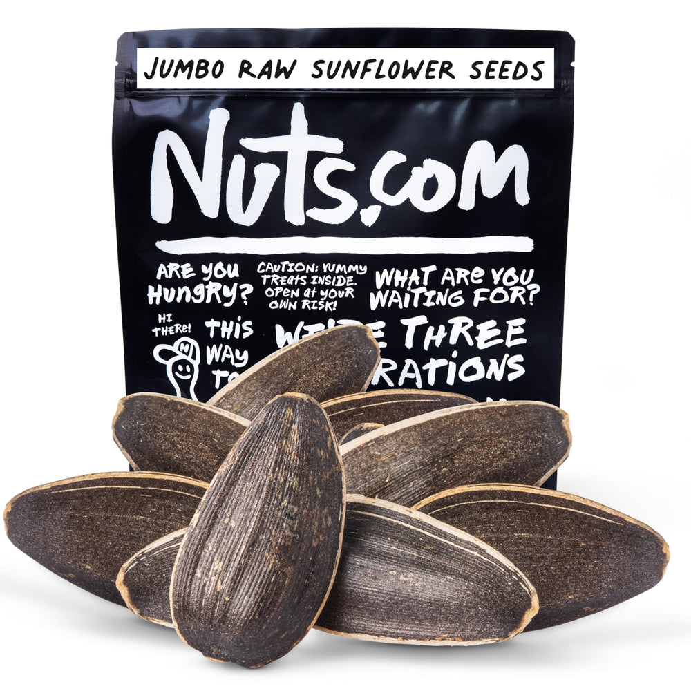 Nuts.com jumbo raw sunflower seeds in-shell provide a protein-rich snack option.
