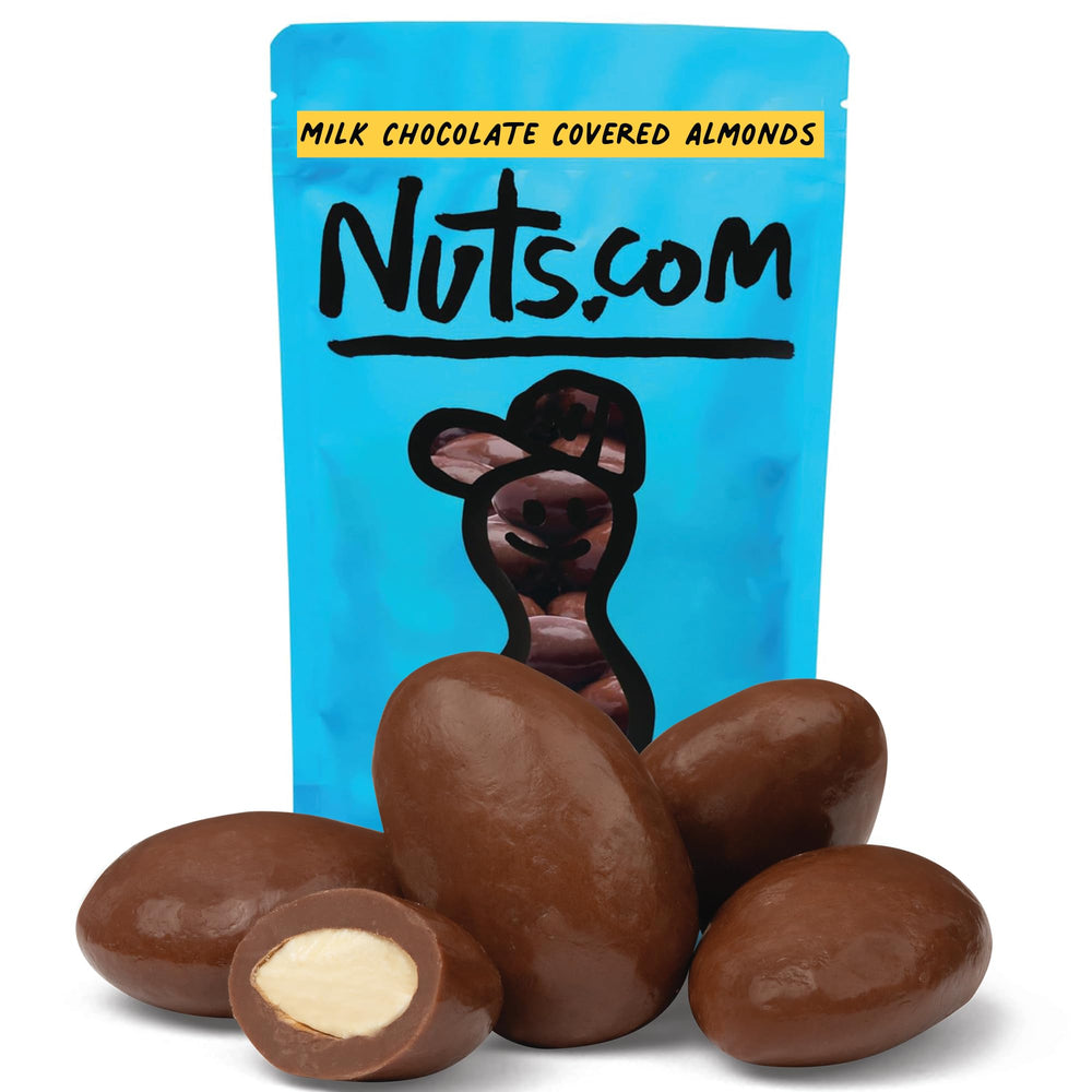 Nuts.com milk chocolate covered almonds 2lb bag close-up of coated nuts, protein-rich snack