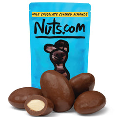 Nuts.com milk chocolate covered almonds 2lb bag close-up of coated nuts, protein-rich snack