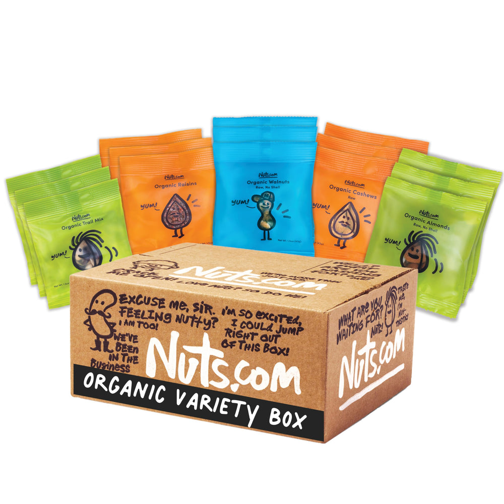 Nuts.com organic dried fruit and nuts variety box front view, ideal for gifting and on-the-go snacking.
