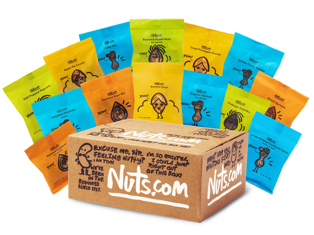 Nuts.com snack box with assorted nuts, ideal for on-the-go snacking.